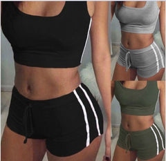 Women’s 2-Piece Workout Set – Crop Top & Striped High-Waist Shorts | Soft Cotton Blend Activewear