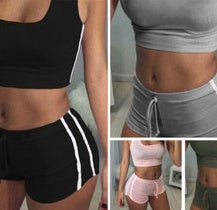 Women’s 2-Piece Workout Set – Crop Top & Striped High-Waist Shorts | Soft Cotton Blend Activewear